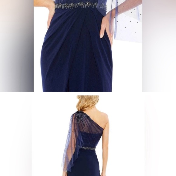 MacDuggal asymmetrical long gown very flattering 
Navy and silver One shoulder. - Picture 3 of 6